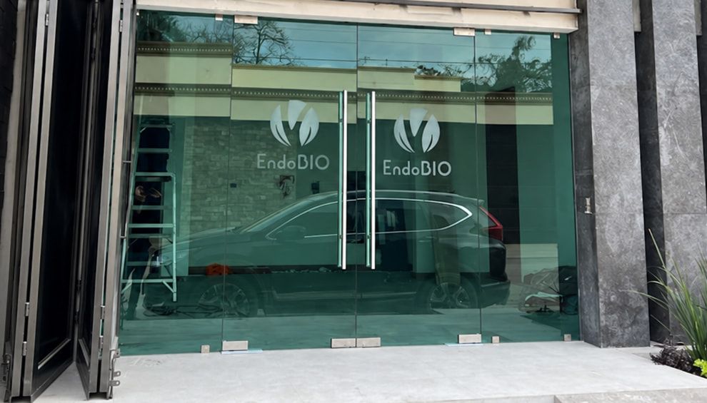 Entrada de EndoBIO: puertas de vidrio verde con el logotipo de EndoBIO, entre columnas de piedra gris
